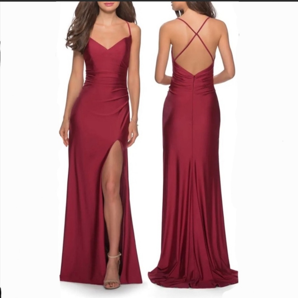 La Femme Crossback Backless Red Satin Evening Gown 28206